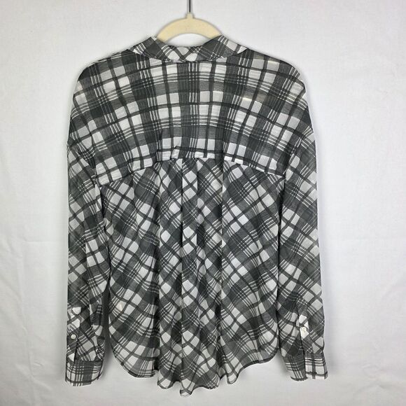 Free People Shirt Grey White Plaid Button Up Blouse Sheer Top Womens Size Medium - Picture 2 of 7